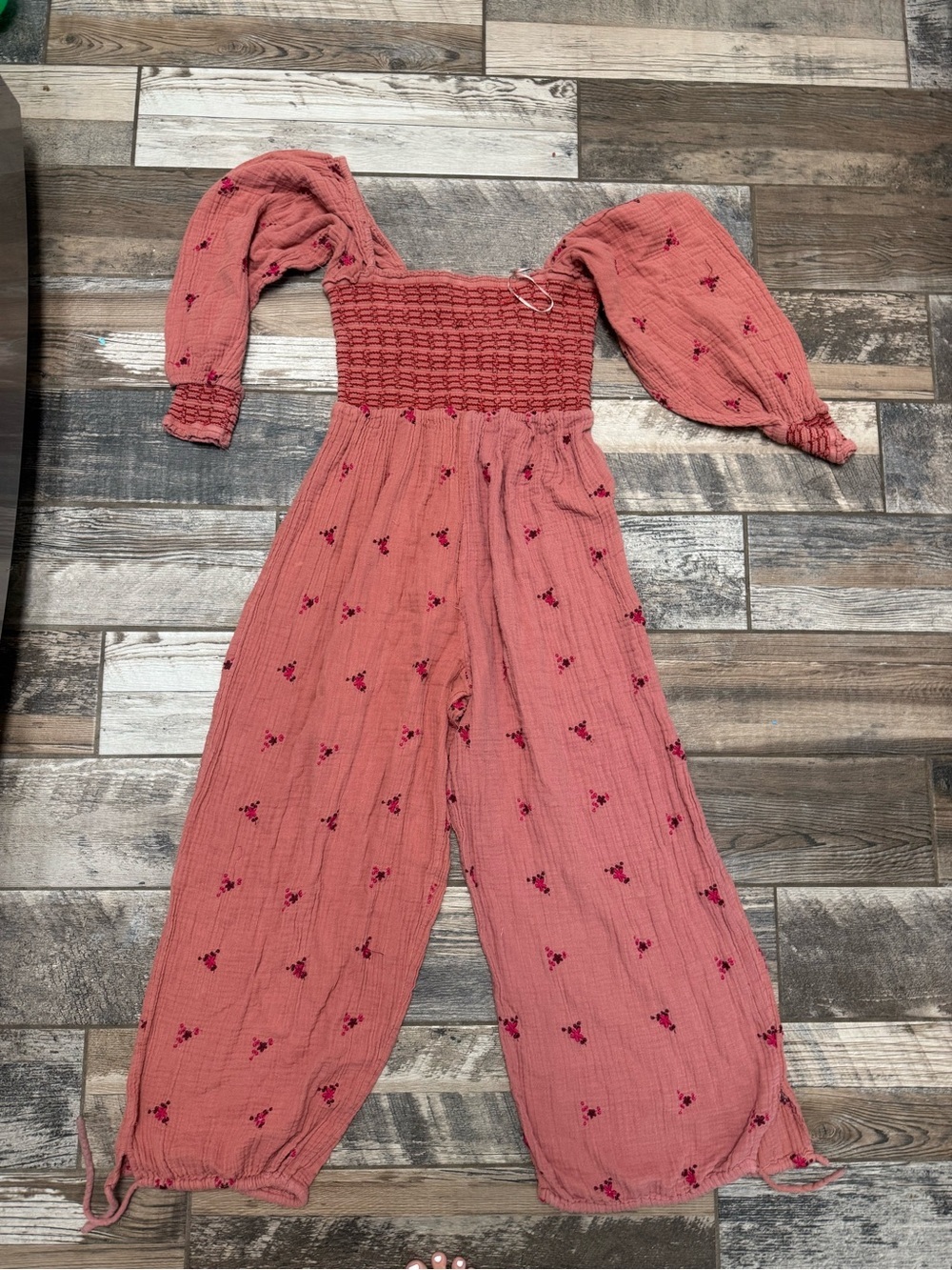 Free People Coral Smocked Jumpsuit with Balloon Sleeves